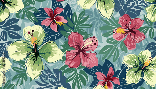 Vintage vector seamless pattern, hibiscus, frangipani flowers, tropical floral design, wallpaper, grunge effect, exotic pattern, nature vector, tropical flowers, colorful illustration