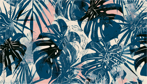 Tropical grunge vector illustration, monstera and palm leaves, seamless pattern, abstract wallpaper, jungle design, exotic nature background, tropical style, modern foliage.