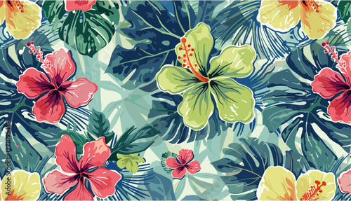 Hibiscus flowers, frangipani, tropical floral pattern, vector illustration, vintage wallpaper, seamless design, grunge texture, nature pattern, exotic flowers, tropical backdrop