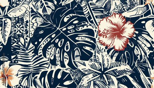 Vector illustration, tropical leaf, hibiscus flowers, Hawaiian tribal element, patchwork wallpaper, abstract grunge, seamless pattern, fabric, shirt, pillow, tablecloth, towel, wrapping, textile, deco