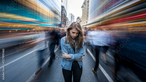 Alone woman in crowded city street