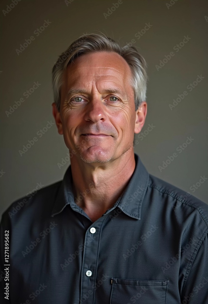 Obraz premium A mature man with gray hair, resident of USA, smiles gently. The warm lighting creates a cozy atmosphere. Calm, confident look. Experience, professionalism and intelligence in the eyes. Generative AI