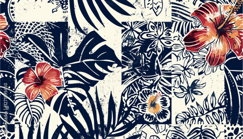 Tropical leaf, hibiscus flowers, vector illustration, Hawaiian tribal element, patchwork wallpaper, abstract grunge, seamless pattern, fabric, pillow, tablecloth, towel, wrapping, textile, ornament,