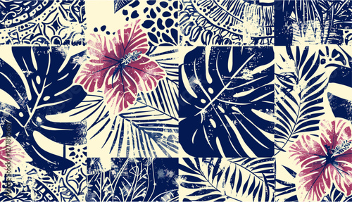 Hawaiian tribal element, tropical leaf, hibiscus flowers, vector seamless pattern, patchwork wallpaper, abstract grunge, fabric, shirt, pillow, tablecloth, towel, wrapping, textile, background,