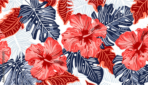 Hawaiian style tribal tattoo background, vector illustration, tropical leaves and hibiscus flowers, seamless pattern, abstract floral ornament, jungle foliage, exotic nature design, Polynesian motif