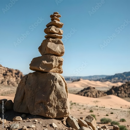 Wallpaper Mural A large rock formation with several stacked stones, positioned in a desert landscape with sand dunes and a clear blue sky. Torontodigital.ca