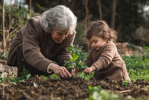grandmother and little girl planting a tree