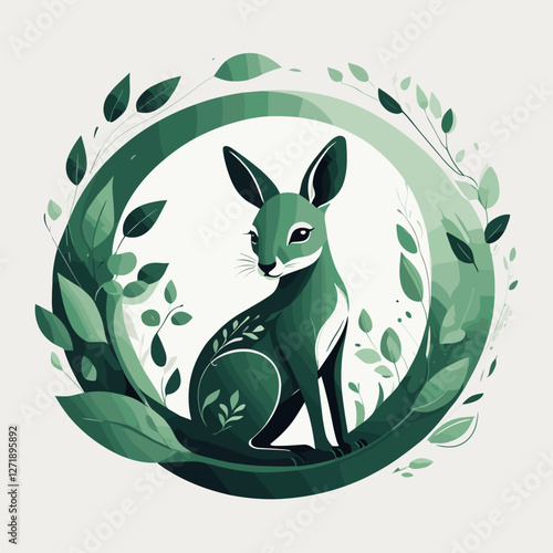 Cute baby kangaroo sitting among green leaves on circle design background illustration