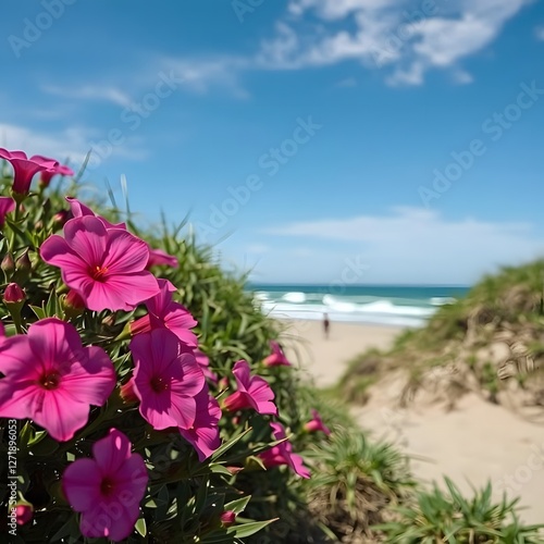 Wallpaper Mural Colorful beach scene with pink flowers in foreground, clear blue sky, grassy area to side, and ocean view. Torontodigital.ca