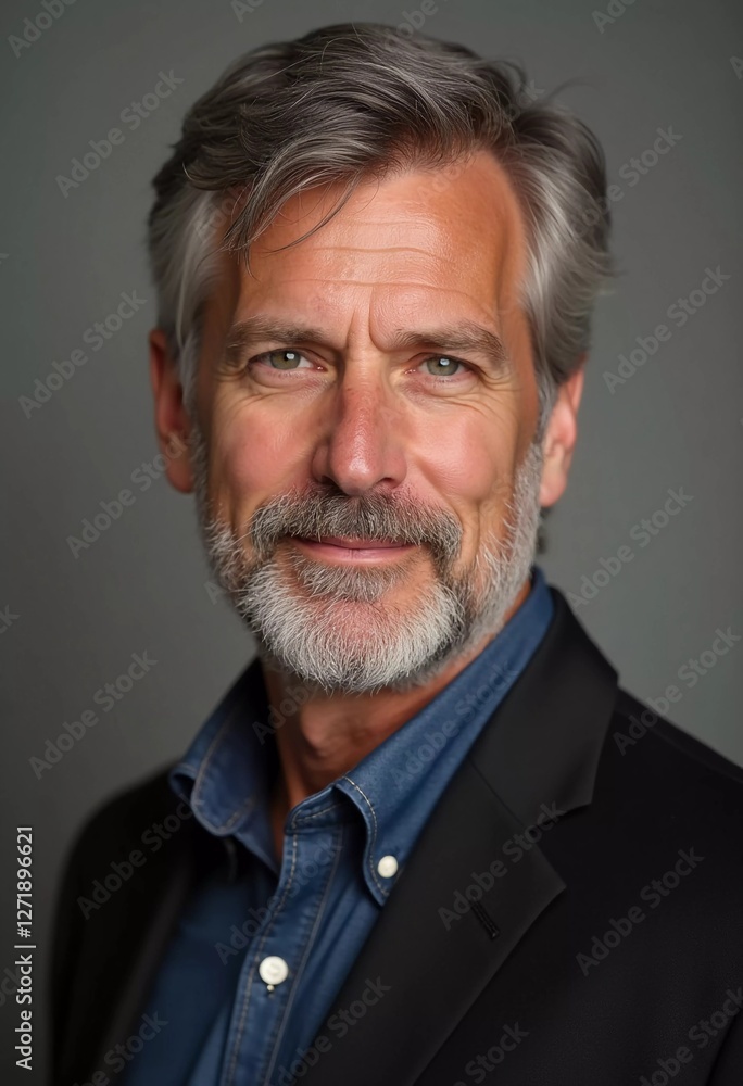 A mature man with gray hair, resident of USA, smiles gently. The warm lighting creates a cozy atmosphere. Calm, confident look. Experience, professionalism and intelligence in the eyes. Generative AI A mature man with gray hair, resident of USA, smiles gently. The warm lighting creates a cozy atmosphere. Calm, confident look. Experience, professionalism and intelligence in the eyes. Generative AI
