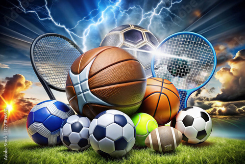 Sports balls on grass, dramatic sky, lightning
