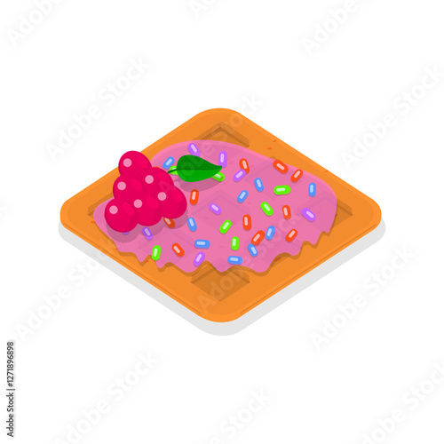 3D Isometric Flat Vector Illustration of Homemade Pastry, Assorted Belgian Waffles with Fresh Berries, Cream, and Icecream. Item 1