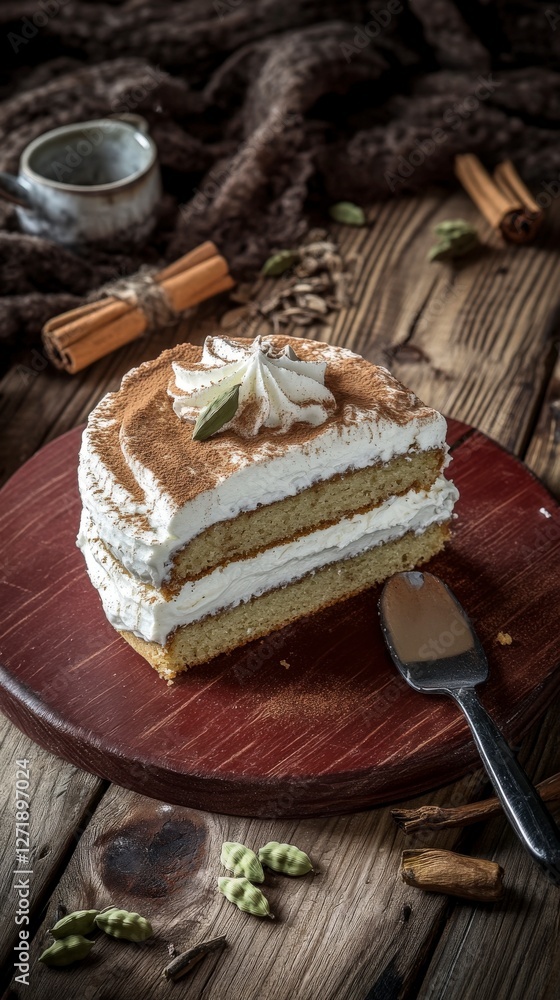 A Slice of Exquisite Layered Cake with Whipped Cream and Spices A Slice of Exquisite Layered Cake with Whipped Cream and Spices
