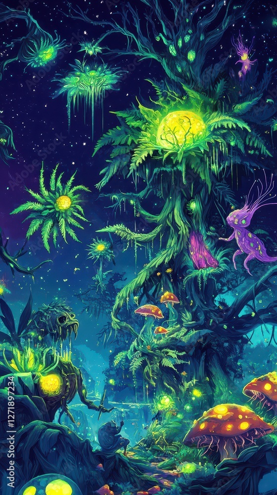 Enchanted forest at night featuring glowing plants and creatures Enchanted forest at night featuring glowing plants and creatures