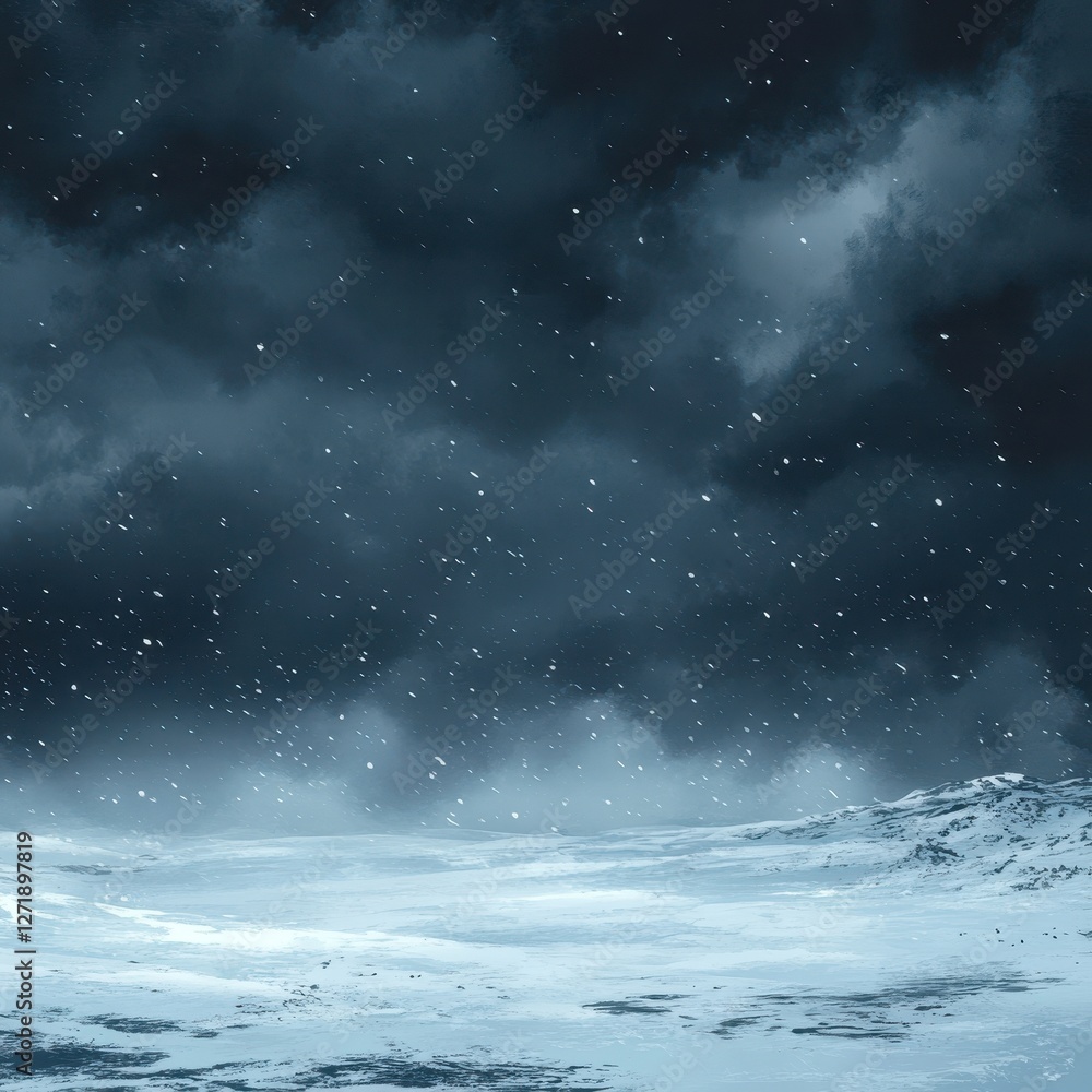 Fototapeta premium Snow falls upon a desolate icy landscape under dark clouds