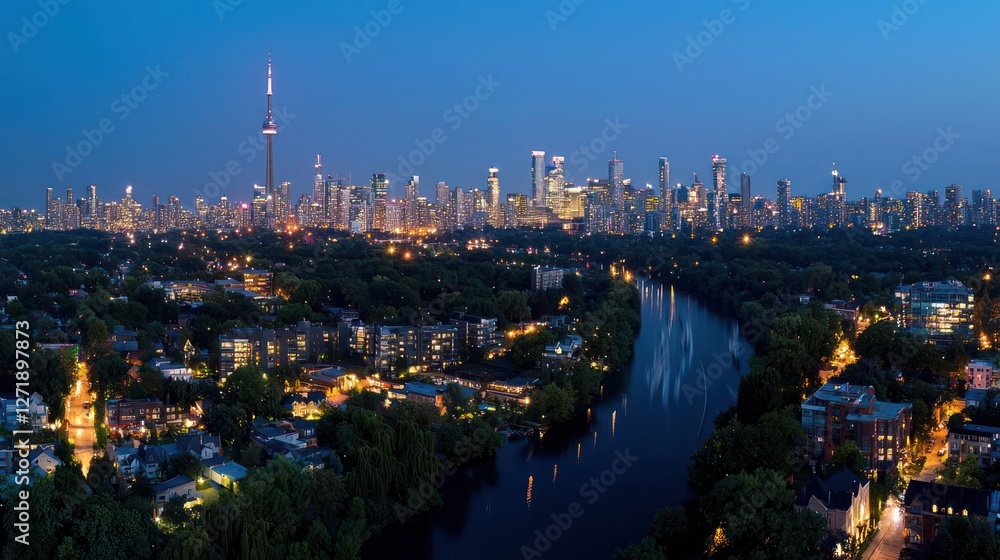 Fototapeta premium Night City Skyline with River and Lights
