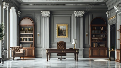 interior of a luxury hotel office 3d render design. luxury classical office interior design. Classical Home Workspace interior decoration design