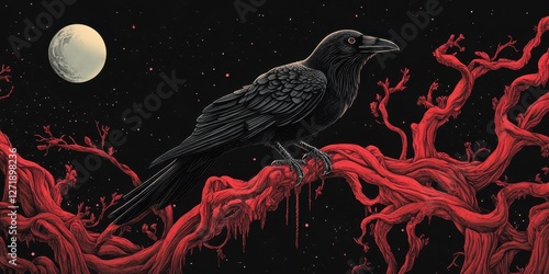 A black raven sits on a bright red gnarled branch