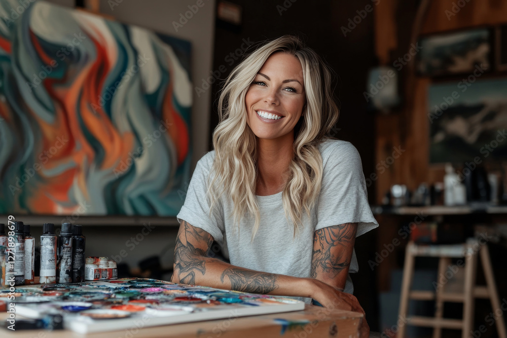Fototapeta premium Beautiful female artist sitting in a modern art studio with brushes, acrylic paints and pictures