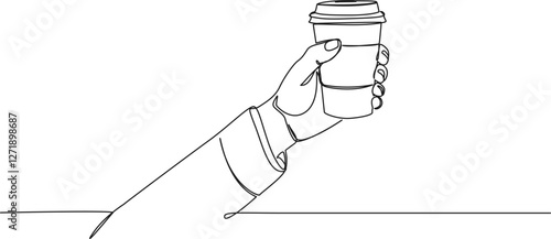 continuous single line drawing of hand holding disposable coffee cup with lid, coffee to go line art vector illustration