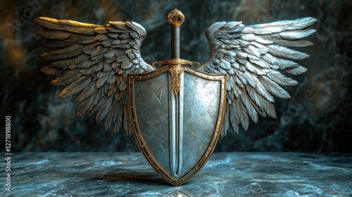 Winged shield, sword, marble, dark background, game asset