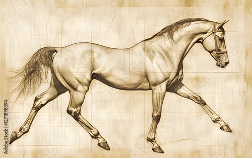 A detailed and elegant illustration of a horse in motion, showcasing its muscular structure and graceful form against a textured background. photo