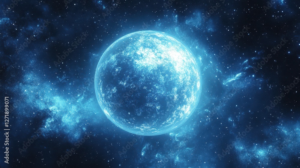 Obraz premium A bright blue planet shines in the vast dark galaxy