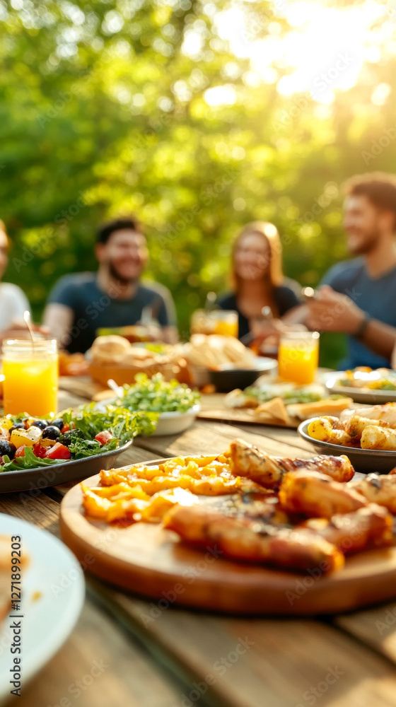 A vibrant outdoor gathering with friends enjoying delicious food and drinks in a sunlit setting, perfect for warm weather celebrations. A vibrant outdoor gathering with friends enjoying delicious food and drinks in a sunlit setting, perfect for warm weather celebrations.