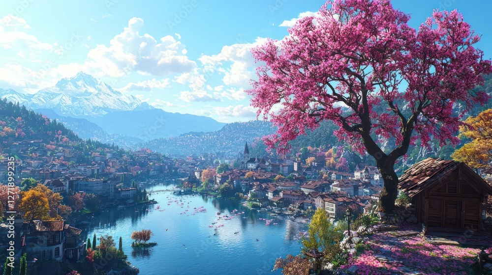 Vibrant Spring Landscape with Pink Blossoms and Lake Vibrant Spring Landscape with Pink Blossoms and Lake