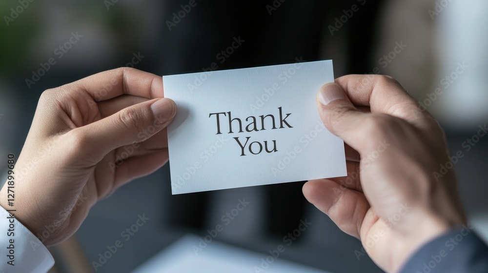 A person is holding a card that says A person is holding a card that says