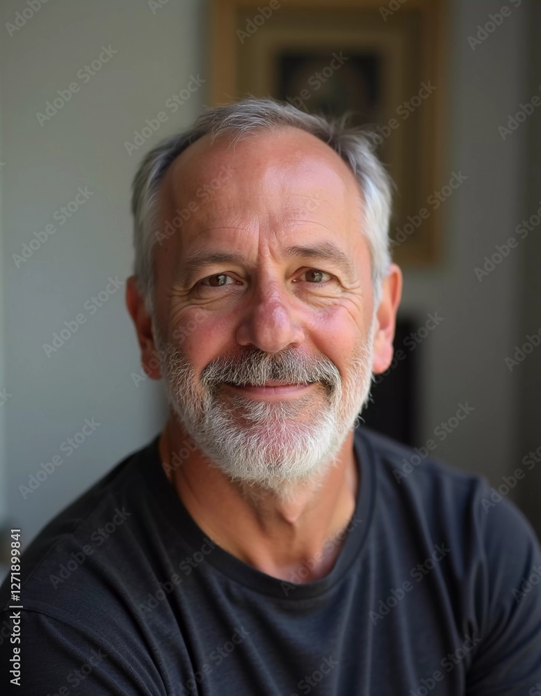 Obraz premium A mature man with gray hair, resident of USA, smiles gently. The warm lighting creates a cozy atmosphere. Calm, confident look. Experience, professionalism and intelligence in the eyes. Generative AI