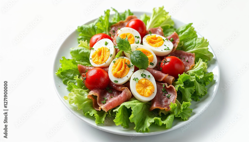 Salad Isolated on White. a bowl of fresh lettuce salad with tomatoes eggs prosciutto over white Salad Isolated on White. a bowl of fresh lettuce salad with tomatoes eggs prosciutto over white