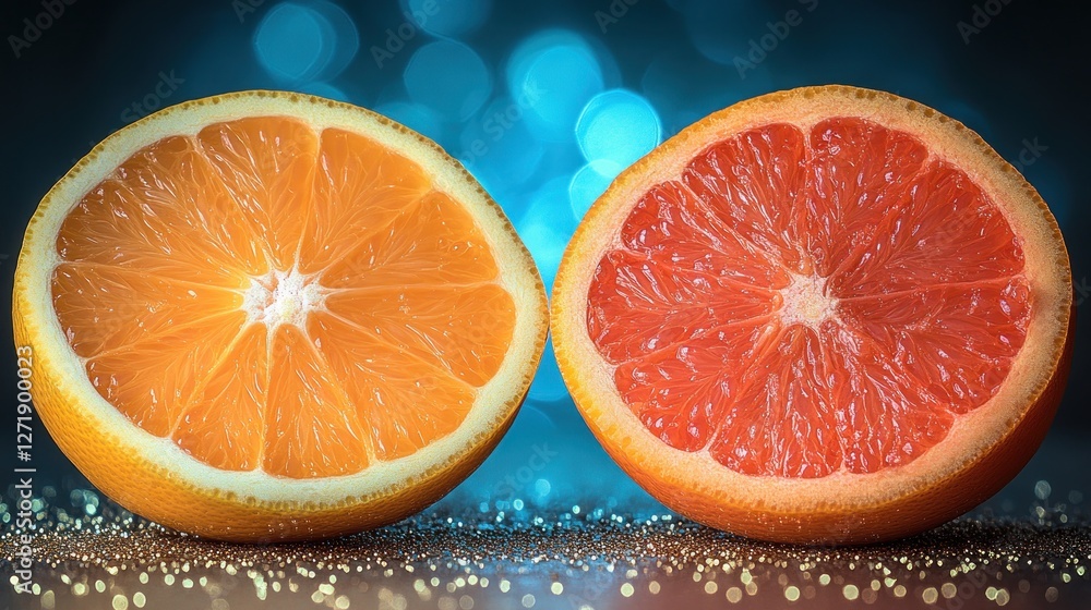 Citrus halves, close-up, bokeh background, gold glitter Citrus halves, close-up, bokeh background, gold glitter