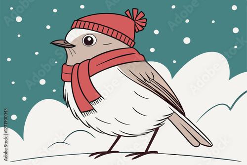  Cute chubby bird, red knit hat, red scarf, snowy background, teal gradient, bokeh snow effect, close-up portrait, realistic texture, adorable expression, winter theme, studio lighting, high detail,