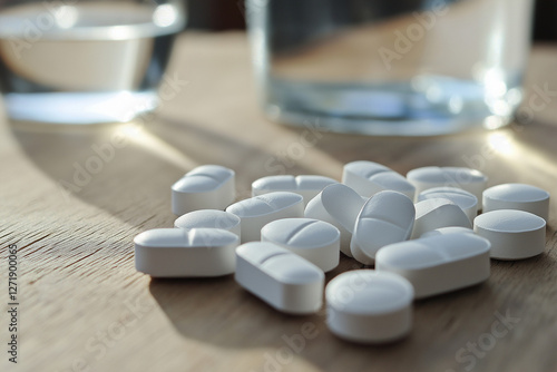 A close-up macro shot of white paracetamol tablets scattered on a wooden surface, with a glass of water in the background, soft natural lighting.