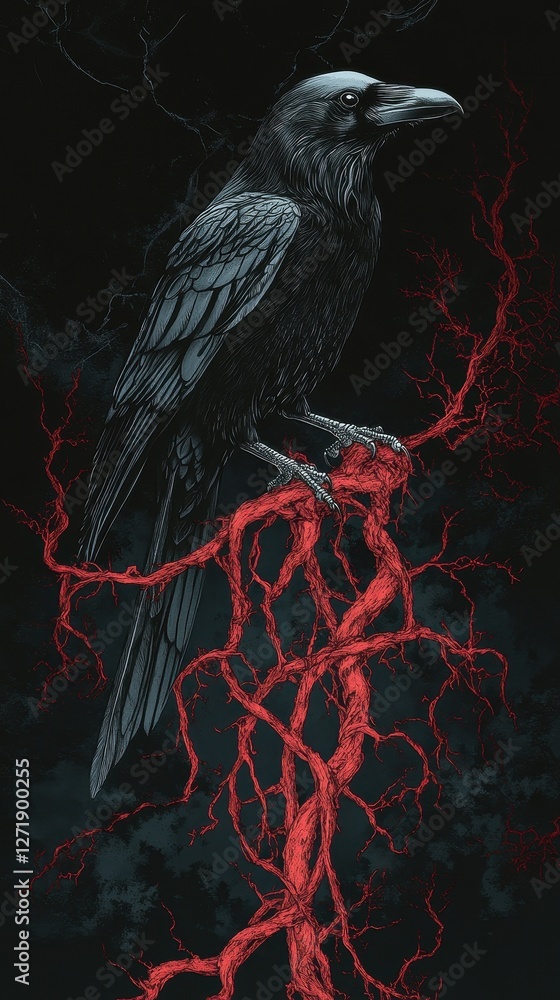 Fototapeta premium Illustration of a raven perched on a tree branch with roots
