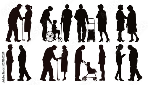 Vector illustration of elderly couples in good or bad times, support, love, relationships, aging, companionship, life stages, family, happiness, care, togetherness, elderly