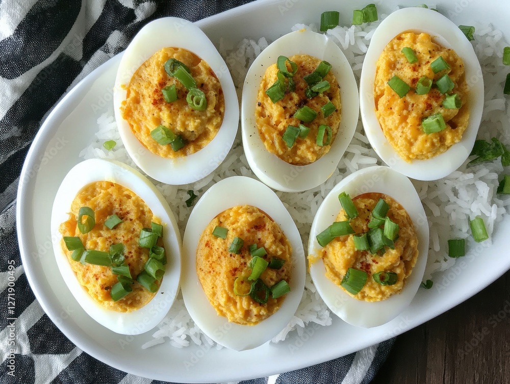 Grilled Deviled Eggs on White Rice Home Kitchen Culinary Delight Bright Setting Top View Grilled Deviled Eggs on White Rice Home Kitchen Culinary Delight Bright Setting Top View