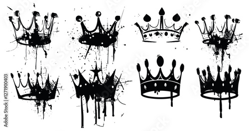 Vector crowns set, graffiti king, queen, prince crown, hand-drawn princess tiara, diadem, royal head accessories, black ink, grunge street art style, isolated on white background