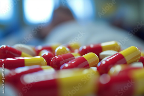 A prescription pill bottle tipped over, spilling red and yellow capsules onto a marble countertop, high detail shot. photo