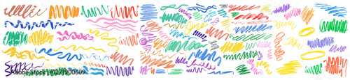 Vector illustration of hand drawn colorful squiggles, curly lines, zigzag strokes, pencil sketches, crayon swirls, rough doodles, kid chalk scribbles, pen crayon, thin scrawls