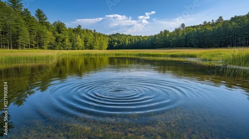 Ripples expand across a calm lake surrounded by vibrant trees