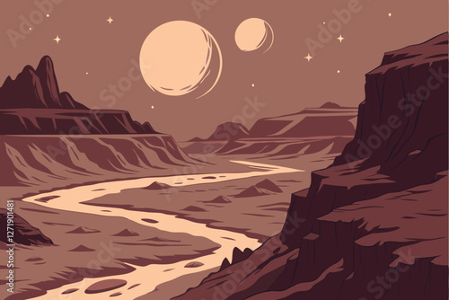  Alien planet landscape, rugged mountains, winding rivers, two moons in sky, vibrant nebula, starry night, cosmic scenery, dramatic lighting, sci-fi environment, ethereal atmosphere, rocky terrain, 