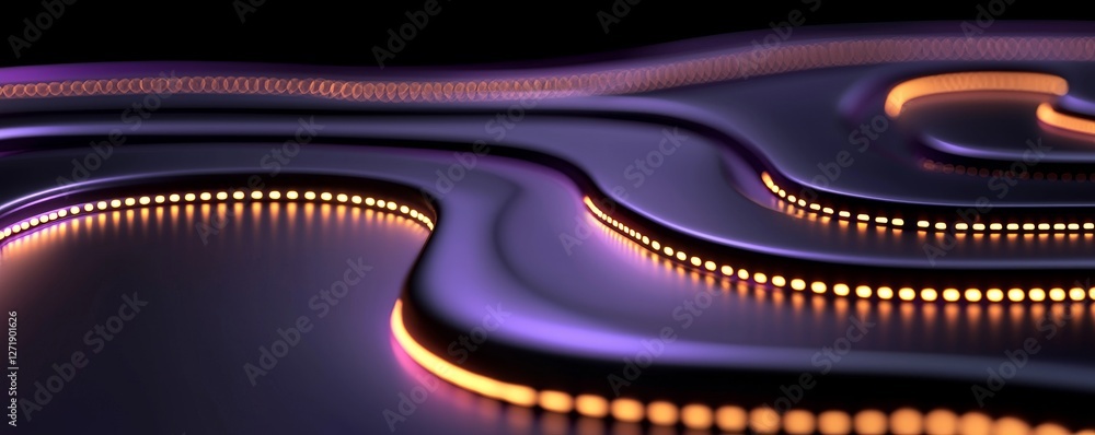 Naklejka premium Purple Curve Lines with Orange Lights Futuristic Design Creative Digital Illustration Composition Decor 3D Render