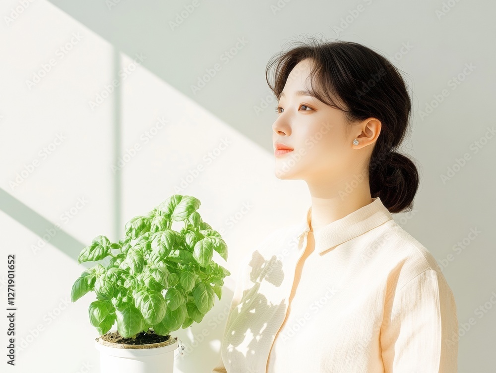 Chic Eco-Friendly Hydroponic Setup Korean Woman with Prosthetic Arm Cultivating Basil - Adaptive Kitchen Design and Green Urban Living Solutions Chic Eco-Friendly Hydroponic Setup Korean Woman with Prosthetic Arm Cultivating Basil - Adaptive Kitchen Design and Green Urban Living Solutions