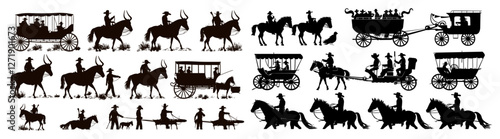 Wild west cowboy silhouette, stagecoach, longhorn horse, carriage icons, vector illustration, cowboy collection, western horse, vintage stagecoach, wild west art, western icons