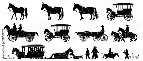 Cowboy silhouette collection, Wild west icons, longhorn horse, stagecoach, carriage vector illustration, western collection, cowboy carriage, wild west art, western silhouette