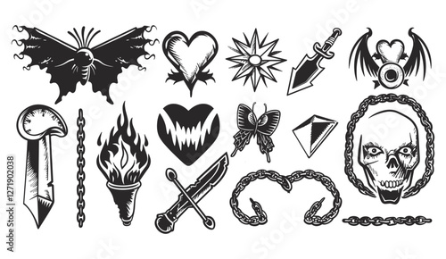 Y2k symbols, goth chain, butterfly knife, broken mirror, flame, heart, bow, mouth, blackthorn, tattoo art, 2000s style, modern stickers, blade, vector illustration