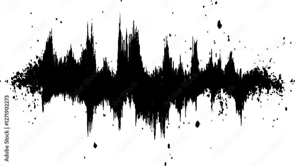 Fototapeta premium Abstract sound wave, black ink splatter on white background. Vector brush grunge texture rough black scratches splatter grunge distressed background.