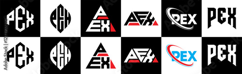 PEX letter logo design in six style. PEX polygon, circle, triangle, hexagon, flat and simple style with black and white color variation letter logo set in one artboard. PEX minimalist and classic logo